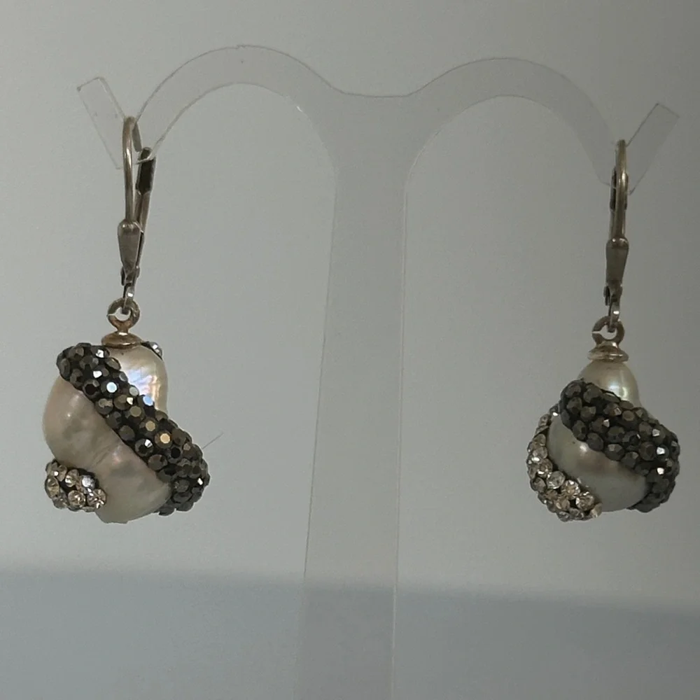 925 sterling silver real Pearl and Crystal Drop Earrings